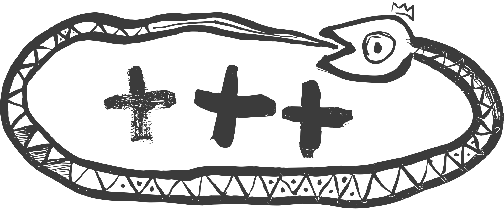 a snake biting its own tail, wearing a crown, encircling three crossroads