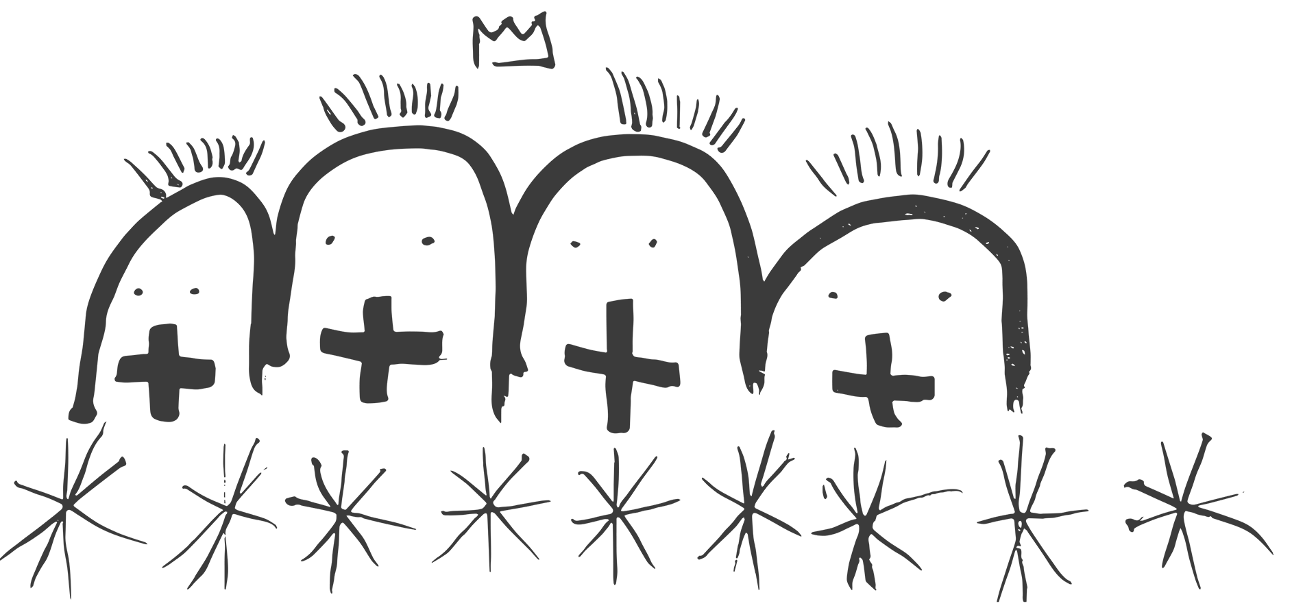 four good Ancestors over a row of stars, with a crown over their heads