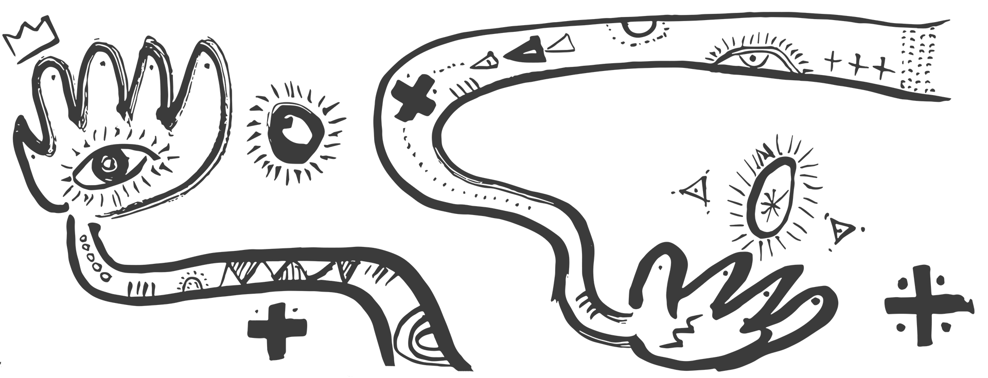 two hands with talismanic drawings on their arms, with a crown over one hand and an egg in the other